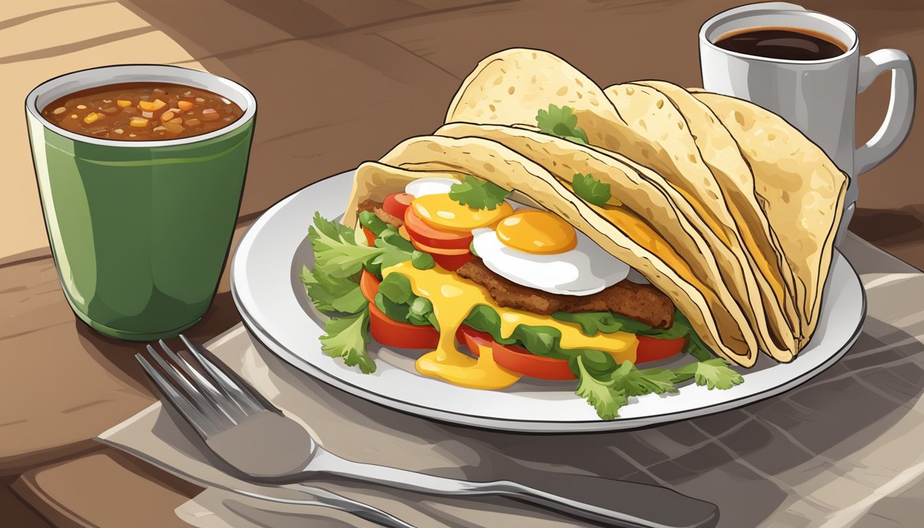 A table set with a soft taco, eggs, cheese, and vegetables, with a side of salsa and a cup of coffee