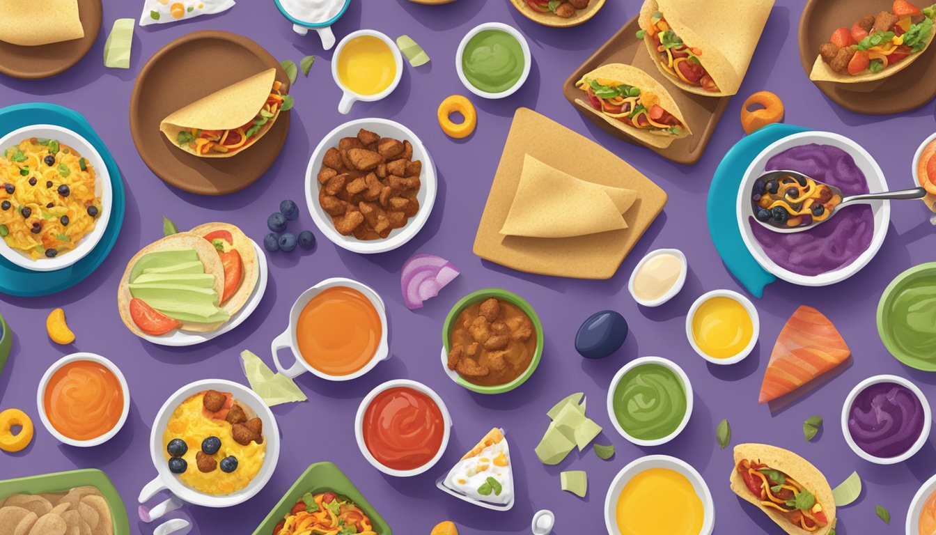 A colorful array of mini skillet bowls and breakfast items arranged on a table, with the Taco Bell logo in the background