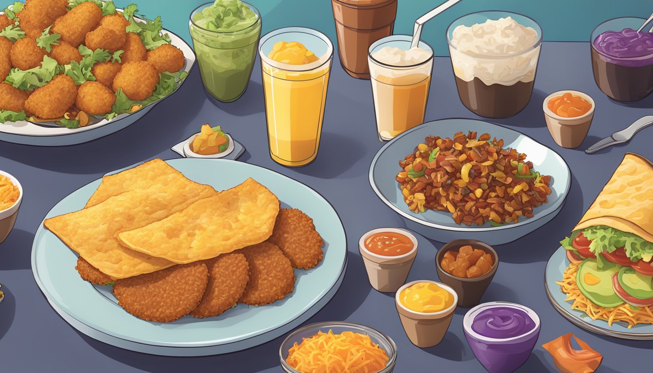 A colorful breakfast spread with crispy hash browns and various Taco Bell items displayed on a table, showcasing a low-sodium meal option