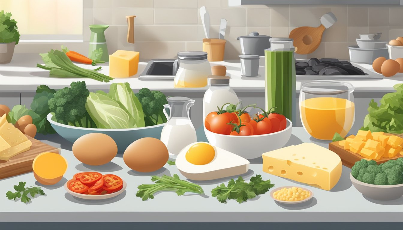 A colorful array of fresh ingredients, including eggs, cheese, vegetables, and alternative low-sodium seasonings, arranged on a kitchen counter