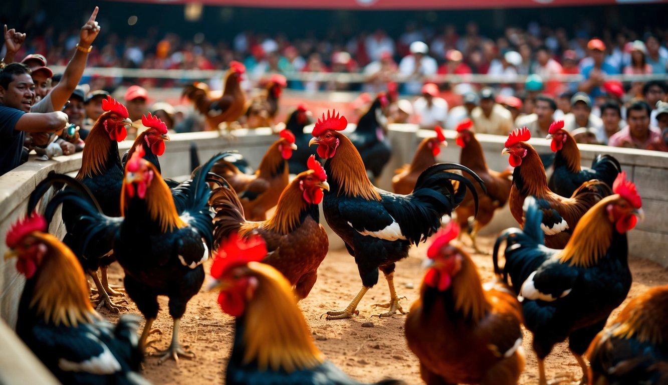 Arena sabung ayam online yang ramai dengan penonton yang bersorak dan ayam jantan di tengah pertarungan yang sengit