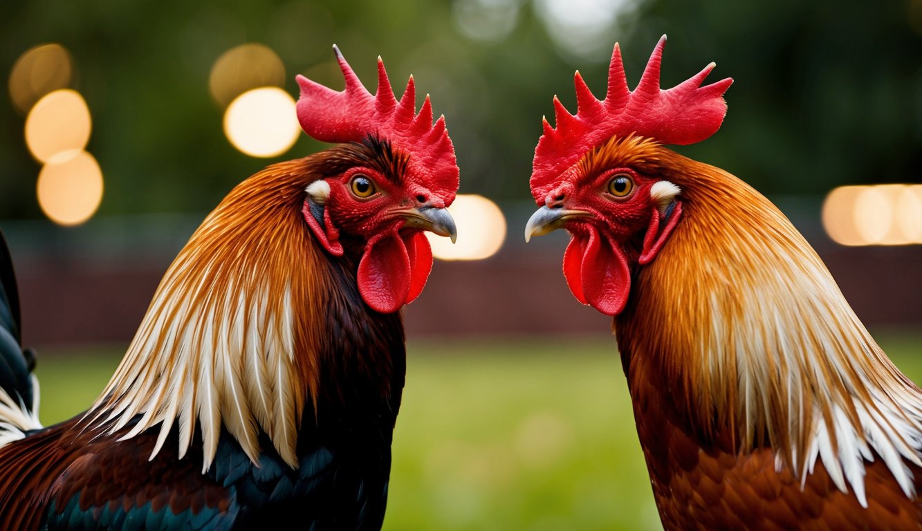 Dua ayam jantan berhadapan dalam pertarungan ayam yang disiarkan langsung