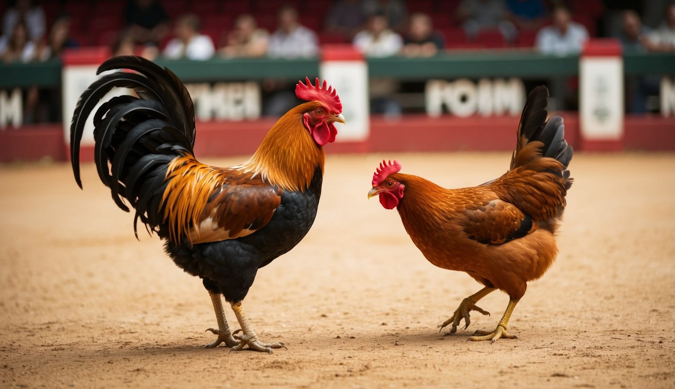 Seekor ayam jantan dan induk ayam berhadapan di arena sabung ayam yang resmi dan terpercaya