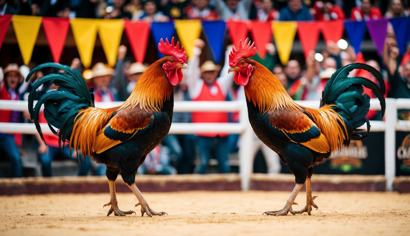 Dua ayam jantan berhadapan di arena tradisional, dikelilingi oleh kerumunan yang bersorak dan spanduk berwarna-warni