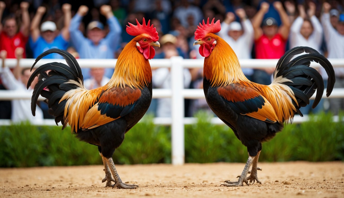 Dua ayam jantan dalam posisi bertarung dengan kerumunan penonton bersorak di latar belakang