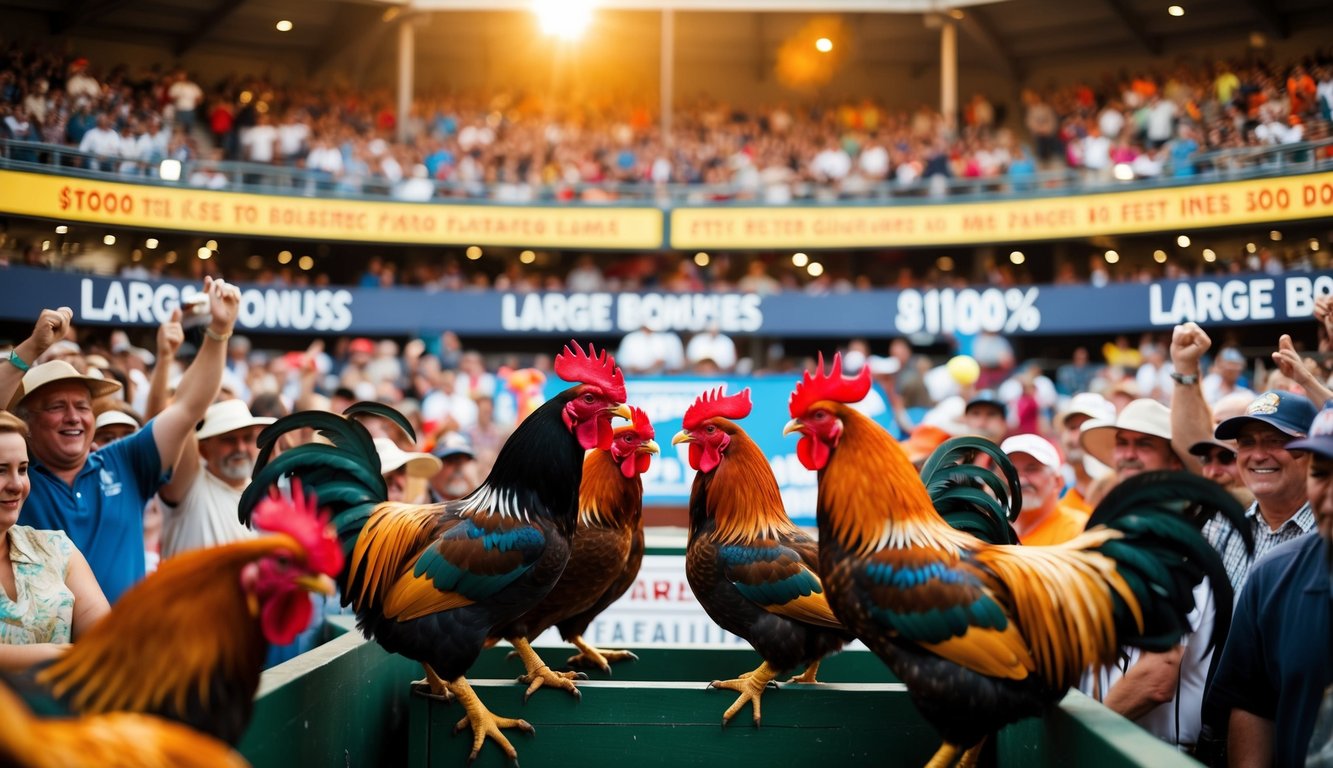 Sebuah arena yang ramai dengan ayam jantan berbulu warna-warni saling berhadapan, dikelilingi oleh penonton yang bersorak dan spanduk yang mengiklankan bonus besar