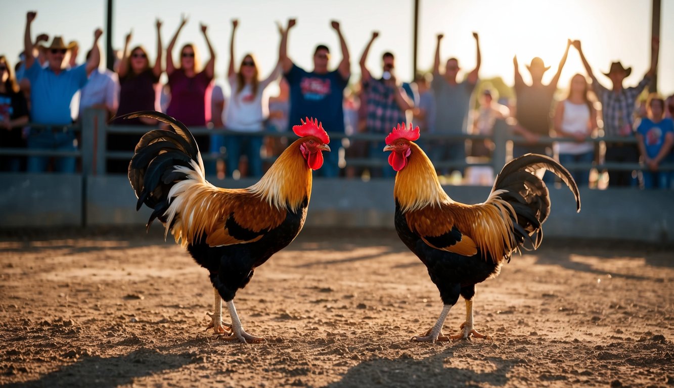 Dua ayam jantan berhadapan di arena tanah yang dikelilingi oleh penonton yang bersorak. Matahari terbenam, memancarkan bayangan panjang di seluruh adegan.