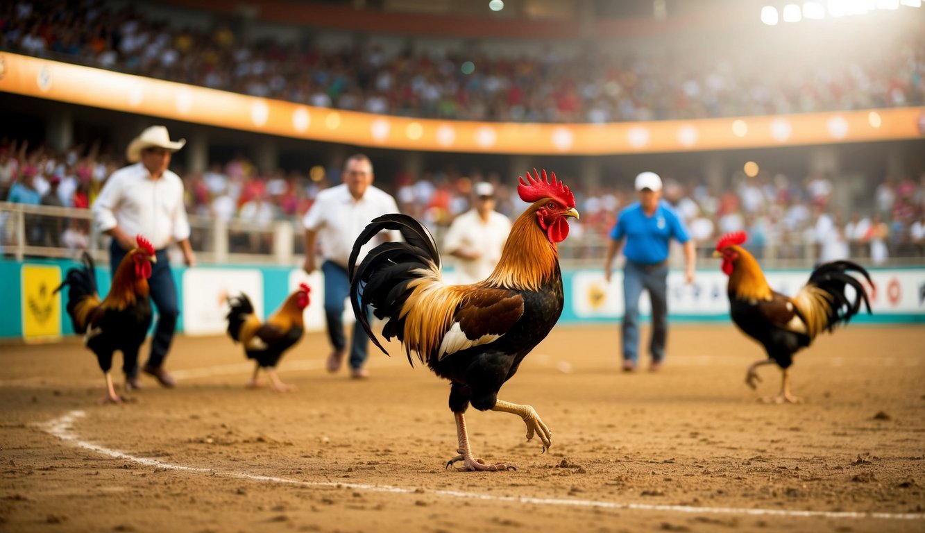 Arena sabung ayam yang meriah dengan penonton yang antusias dan ayam jantan berwarna-warni yang sedang bertanding