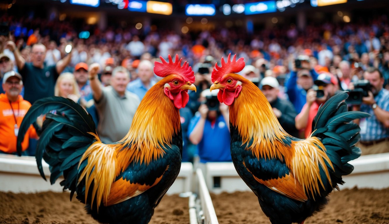 Dua ayam jantan berhadapan di arena yang ramai, dikelilingi oleh penonton yang bersorak dan kamera siaran langsung