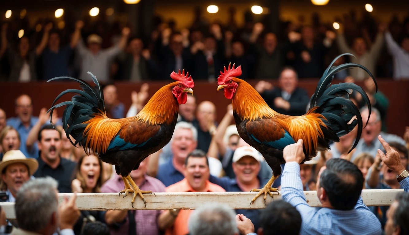 Sebuah arena yang ramai dengan dua ayam jantan yang saling berhadapan dalam pertarungan sengit, dikelilingi oleh penonton yang antusias bersorak dan memasang taruhan.