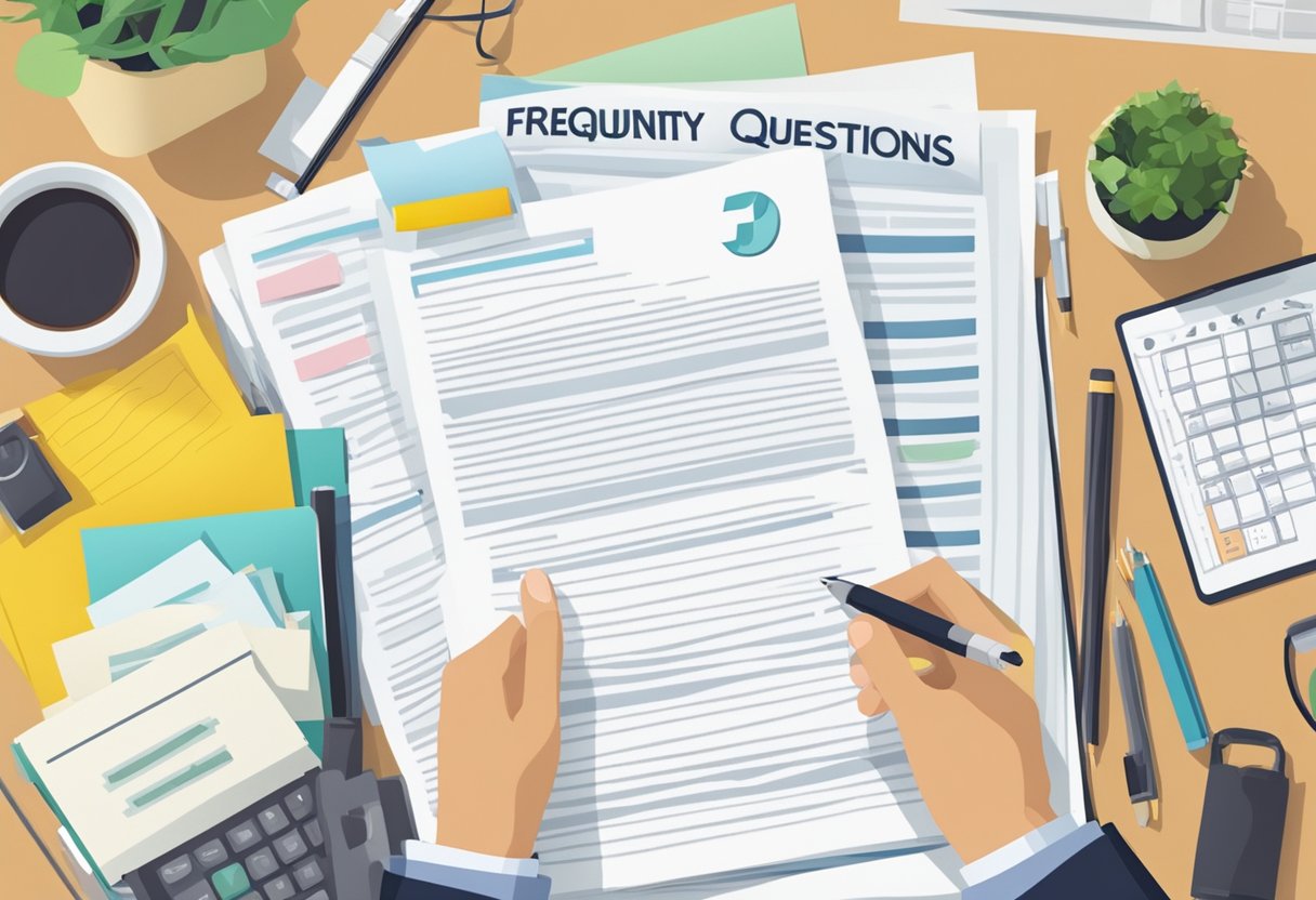 A stack of papers with "Frequently Asked Questions" at the top, surrounded by various objects starting with the letter J