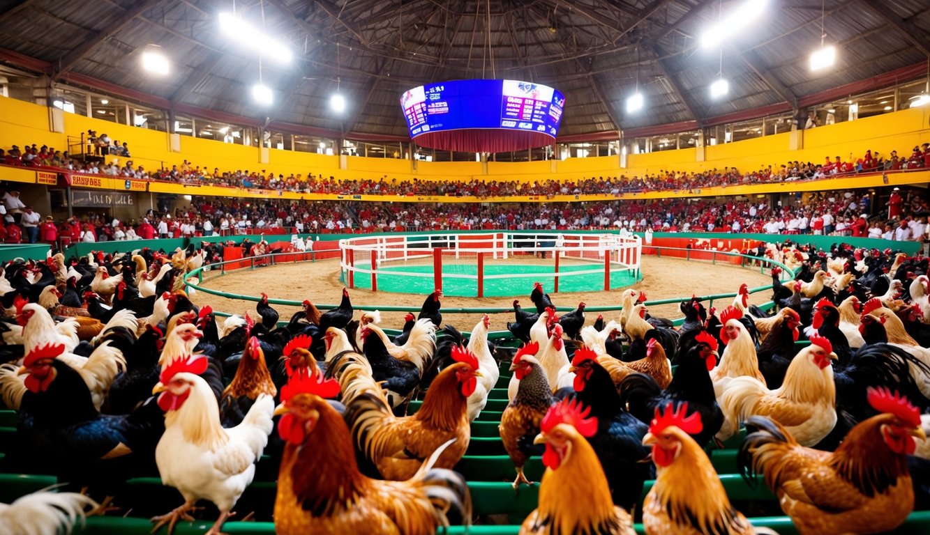 Sebuah arena yang ramai dan berwarna-warni dipenuhi dengan ayam jantan dan penonton yang bersemangat, dengan sebuah ring di tengah untuk acara sabung ayam resmi.