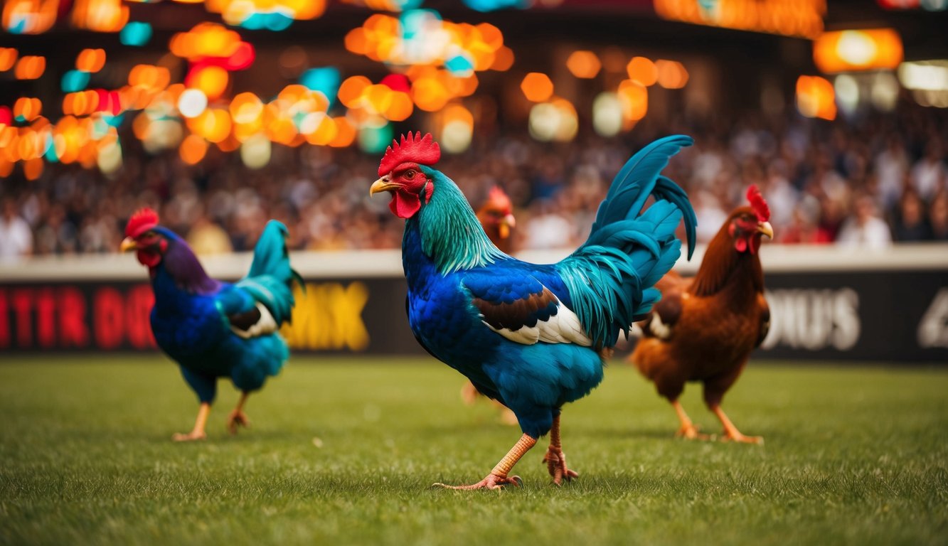 Sebuah adegan sabung ayam online yang penuh warna dengan fitur bonus yang menarik