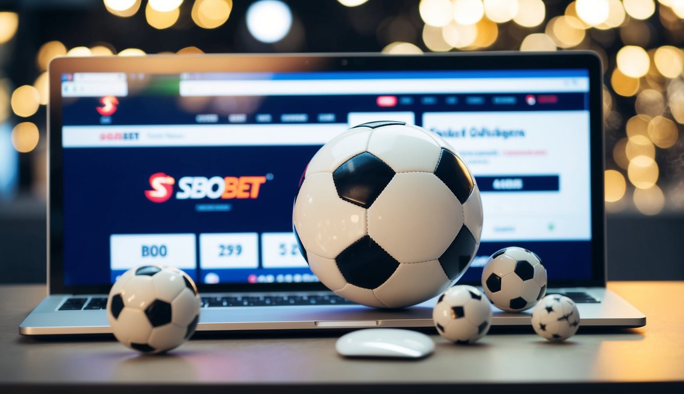 Sebuah bola sepak dikelilingi oleh odds taruhan dan sebuah komputer dengan situs web Sbobet terbuka