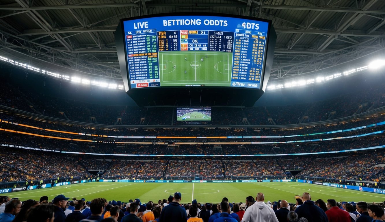 Sebuah stadion olahraga yang ramai dengan papan skor elektronik besar yang menampilkan peluang taruhan langsung dan berbagai acara olahraga yang sedang berlangsung