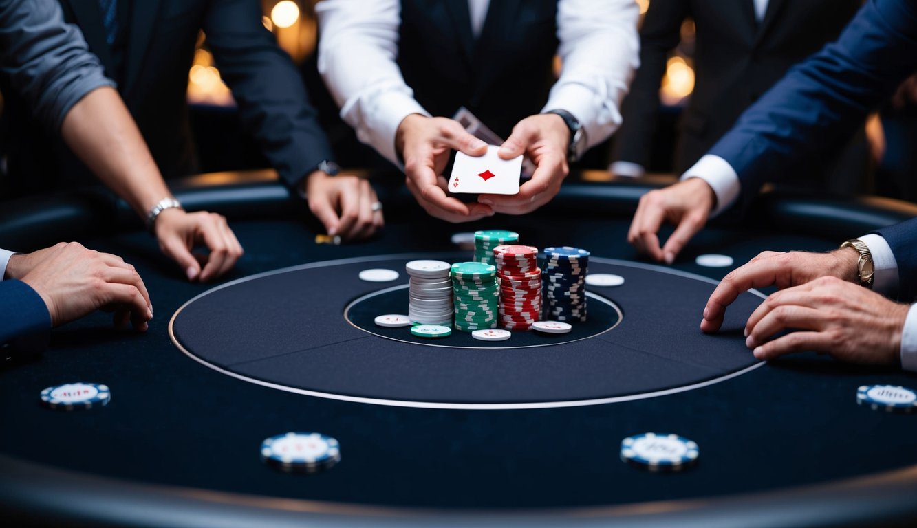 Sebuah meja poker yang ramping dan modern dikelilingi oleh pemain yang antusias, dengan tumpukan chip di tengah dan setumpuk kartu yang sedang dikocok