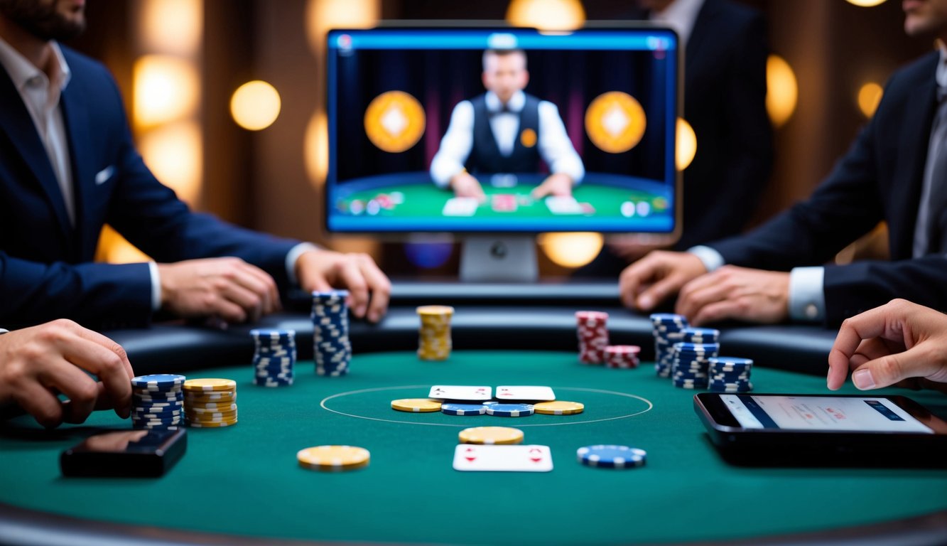 Meja poker digital dengan kartu dan chip virtual, dealer langsung terlihat di layar, dan pemain berinteraksi melalui perangkat mereka.