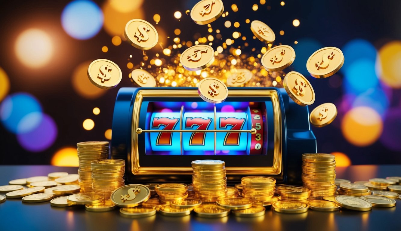 Sebuah mesin slot online yang bersinar dikelilingi oleh koin emas yang berputar dan simbol jackpot yang berkilau