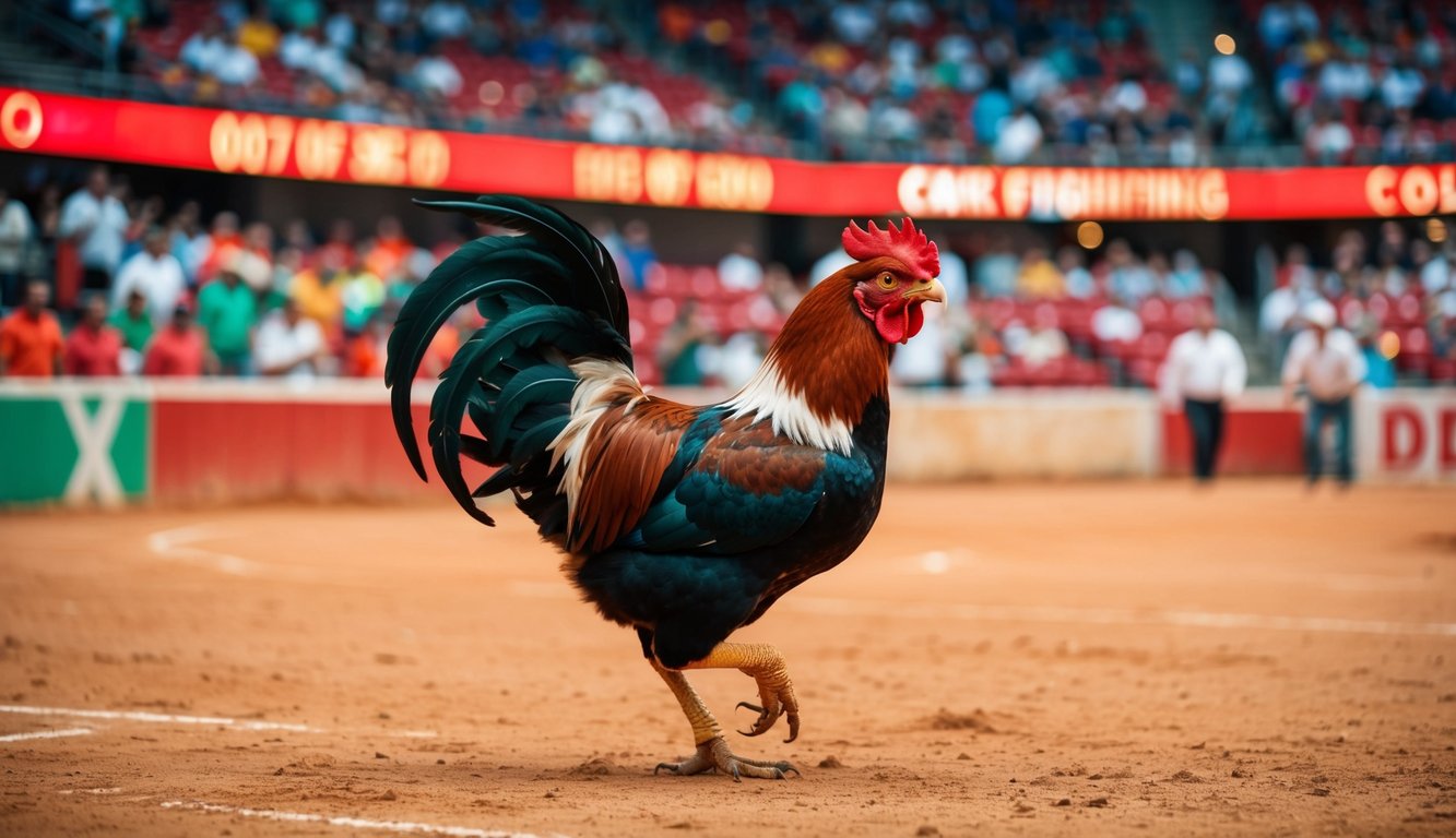 Sebuah arena sabung ayam dengan warna-warna cerah dan penonton yang antusias