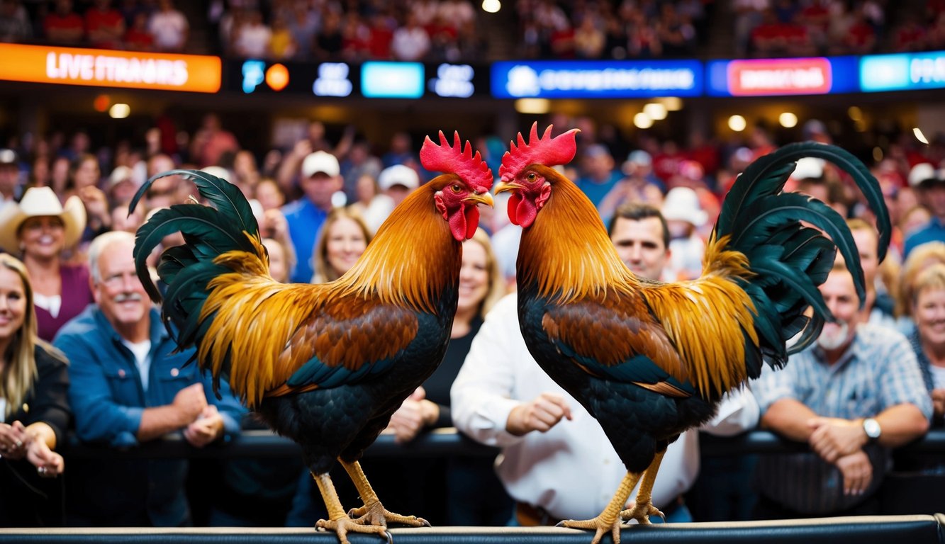 Dua ayam jantan berhadapan di arena yang ramai, dikelilingi oleh penonton yang antusias, dengan fitur siaran langsung terlihat di layar.