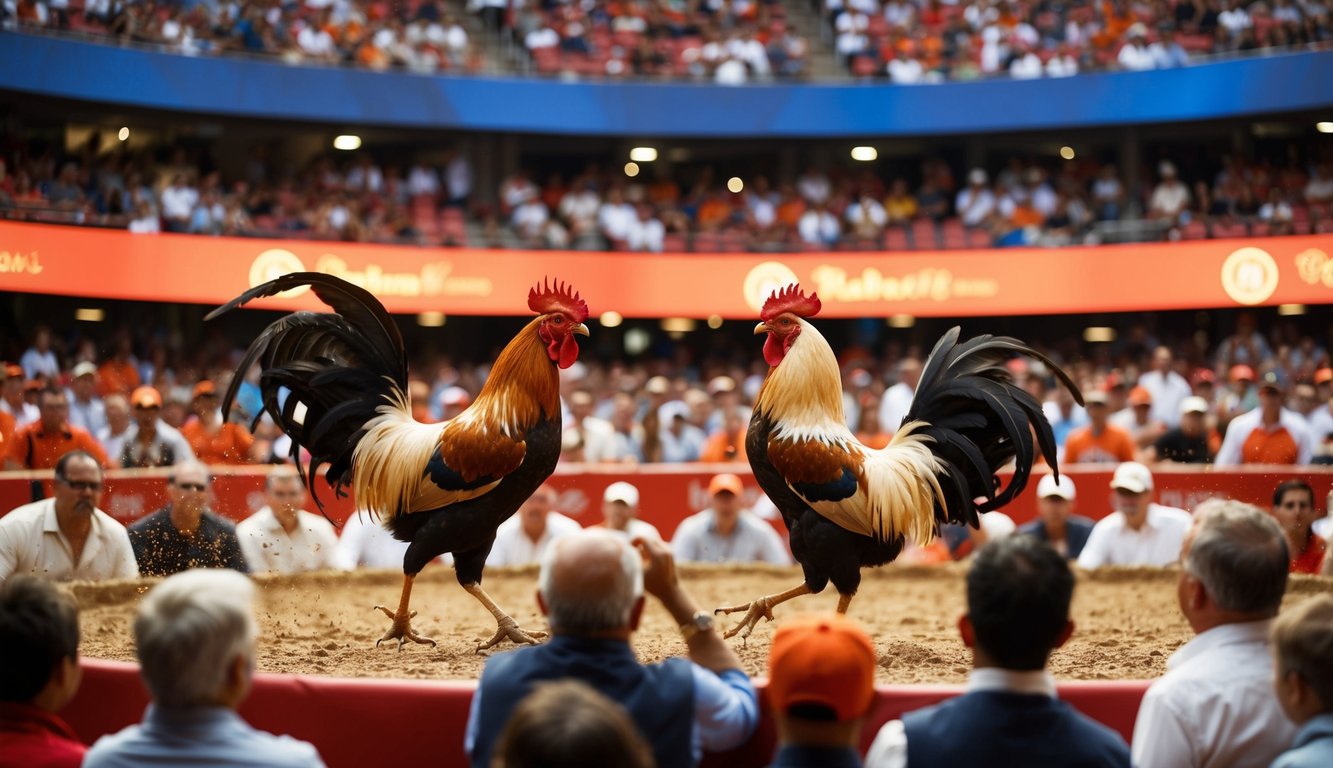 Sebuah arena yang ramai dengan ayam jantan yang bertarung, dikelilingi oleh penonton yang antusias