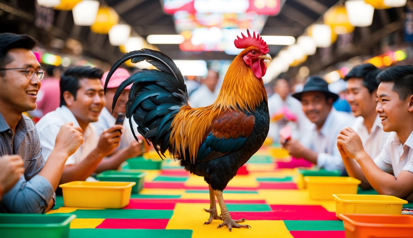 Seekor ayam jantan berdiri dengan bangga di pasar yang ramai dan berwarna-warni, dikelilingi oleh para penonton yang antusias dan para penjudi yang bersemangat