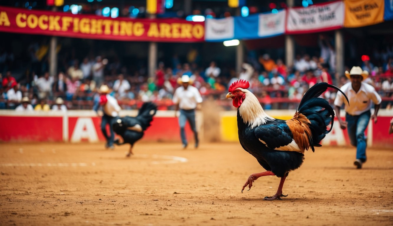 Sebuah arena sabung ayam yang meriah dengan spanduk berwarna-warni dan penonton yang bersemangat