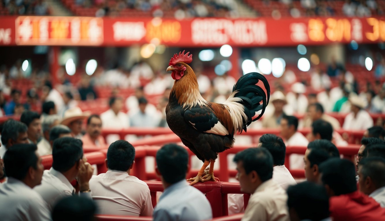 Arena sabung ayam yang ramai dengan taruhan yang intens dan odds yang tinggi