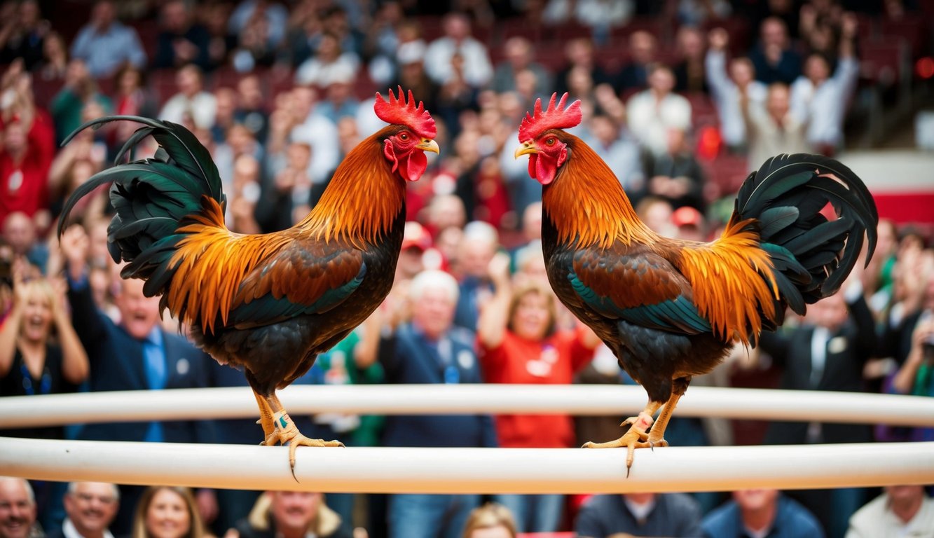 Dua ayam jantan berhadapan di arena yang ramai, dikelilingi oleh penonton yang bersorak dan deretan kios taruhan.