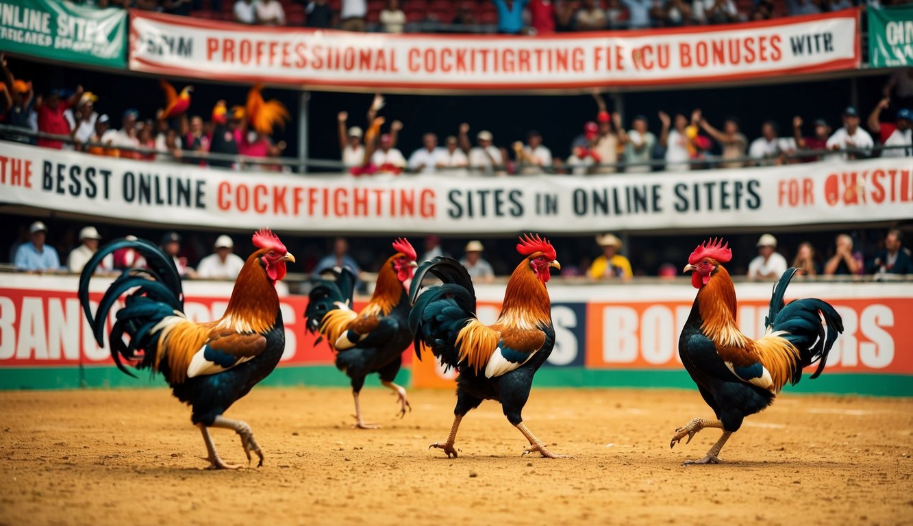 Sebuah arena sabung ayam yang meriah dengan penonton yang bersorak dan ayam jantan yang bertarung sengit, dikelilingi oleh spanduk yang mengiklankan situs online terbaik dengan bonus yang melimpah