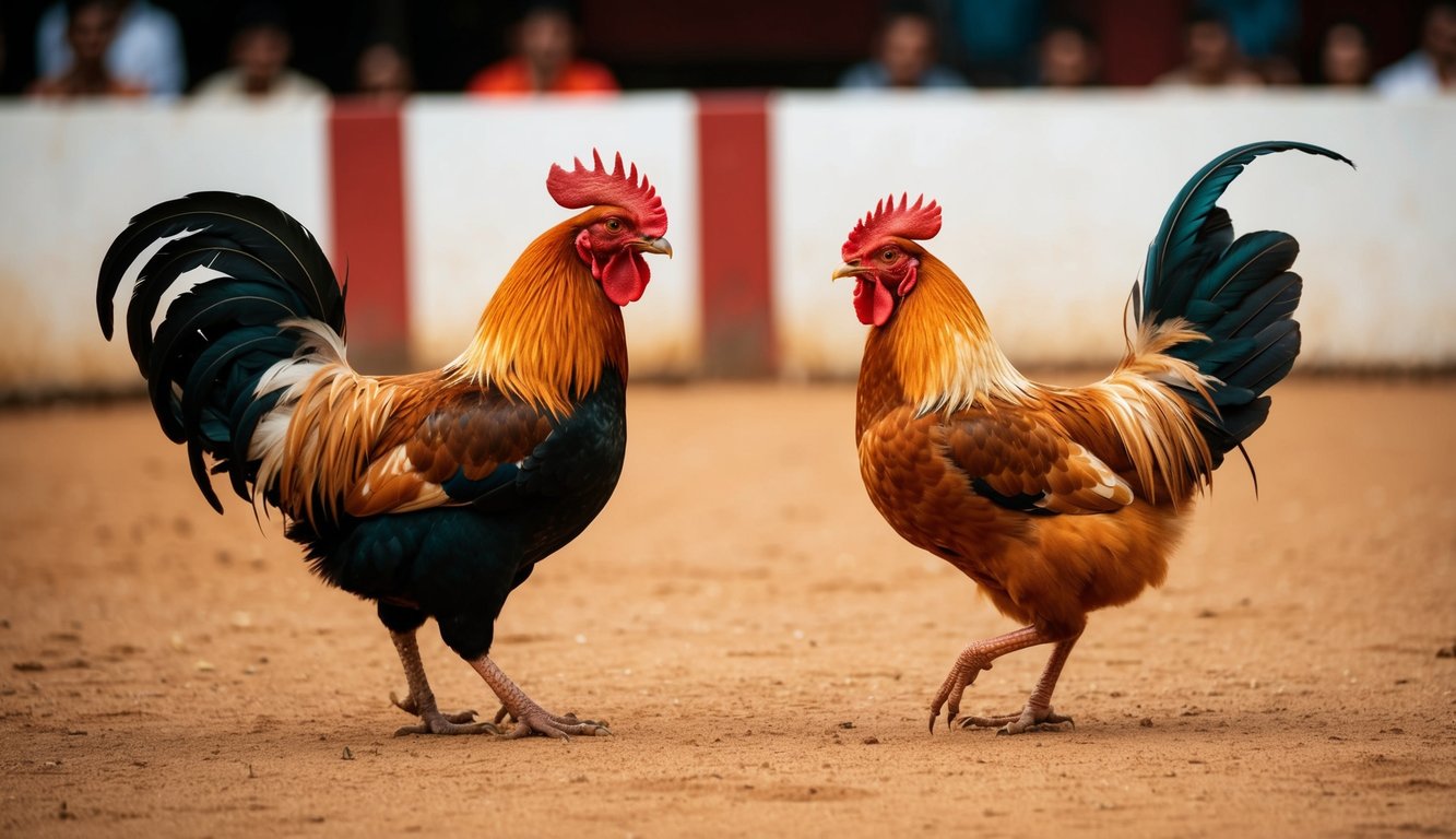 Seekor ayam jantan dan seekor ayam betina berhadapan di arena sabung ayam tradisional Indonesia