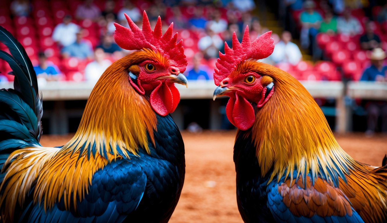 Dua ayam jantan berhadapan di arena yang ramai dan berwarna-warni dengan streaming berkualitas tinggi