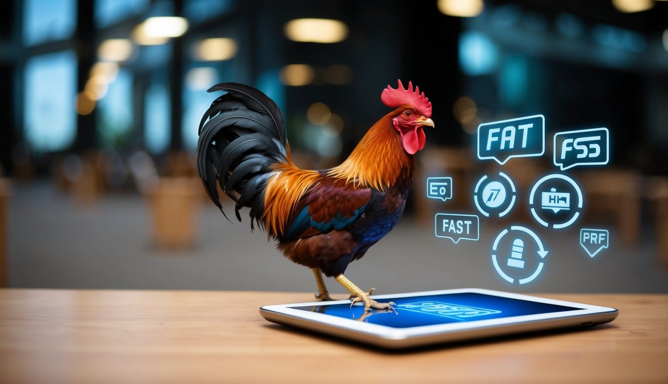 Seekor ayam jantan berkokok di perangkat digital dengan simbol transaksi cepat