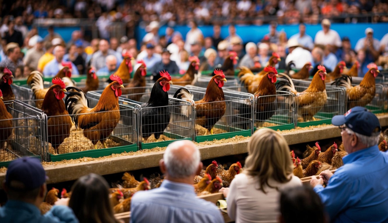 Sebuah arena yang ramai dengan ayam jantan di dalam kandang individu, dikelilingi oleh penonton yang antusias memasang taruhan