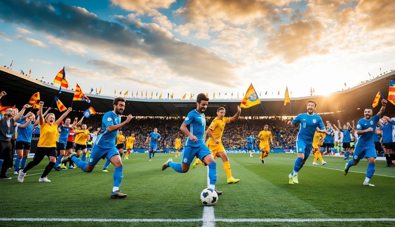 Sebuah lapangan sepak bola dengan pemain yang sedang beraksi, dikelilingi oleh penggemar yang antusias berteriak dan melambaikan bendera