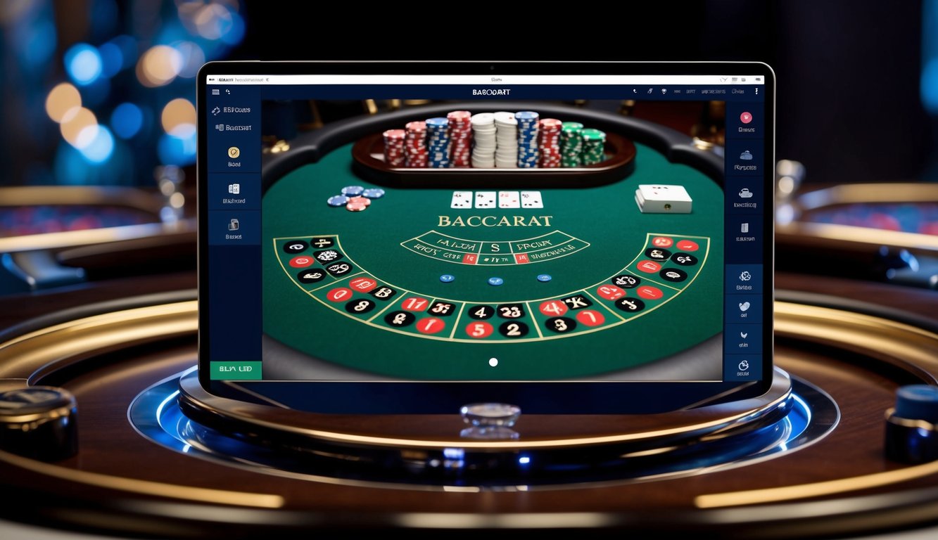 Sebuah meja baccarat online yang ramping dengan kartu dan chip virtual, dikelilingi oleh antarmuka yang canggih dan modern untuk merancang strategi dan memasang taruhan.