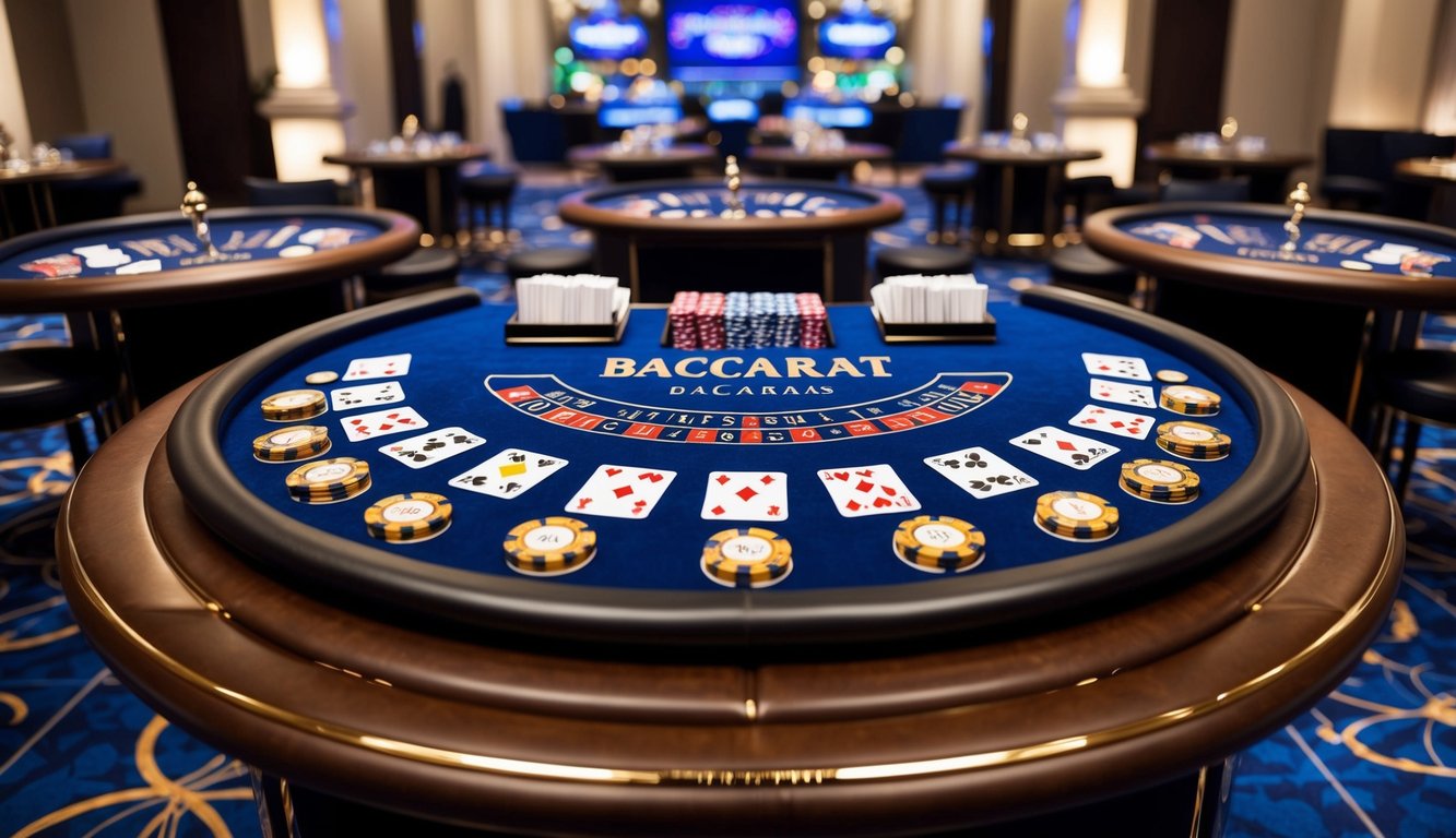 Sebuah meja baccarat mewah dengan chip dan kartu, dikelilingi oleh dekorasi yang elegan dan canggih dalam suasana kasino online yang terkemuka