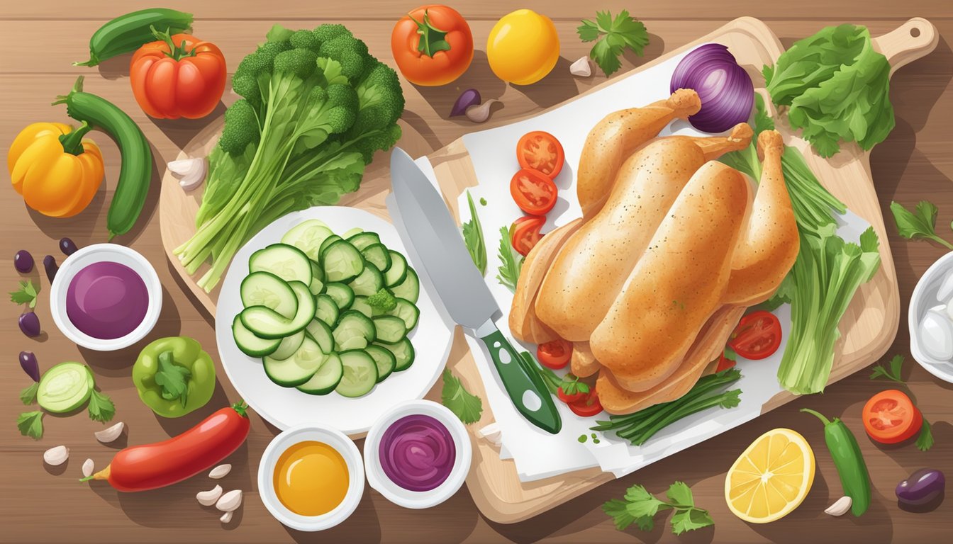 A colorful array of fresh vegetables and lean chicken breast arranged on a cutting board, surrounded by measuring cups and a recipe book