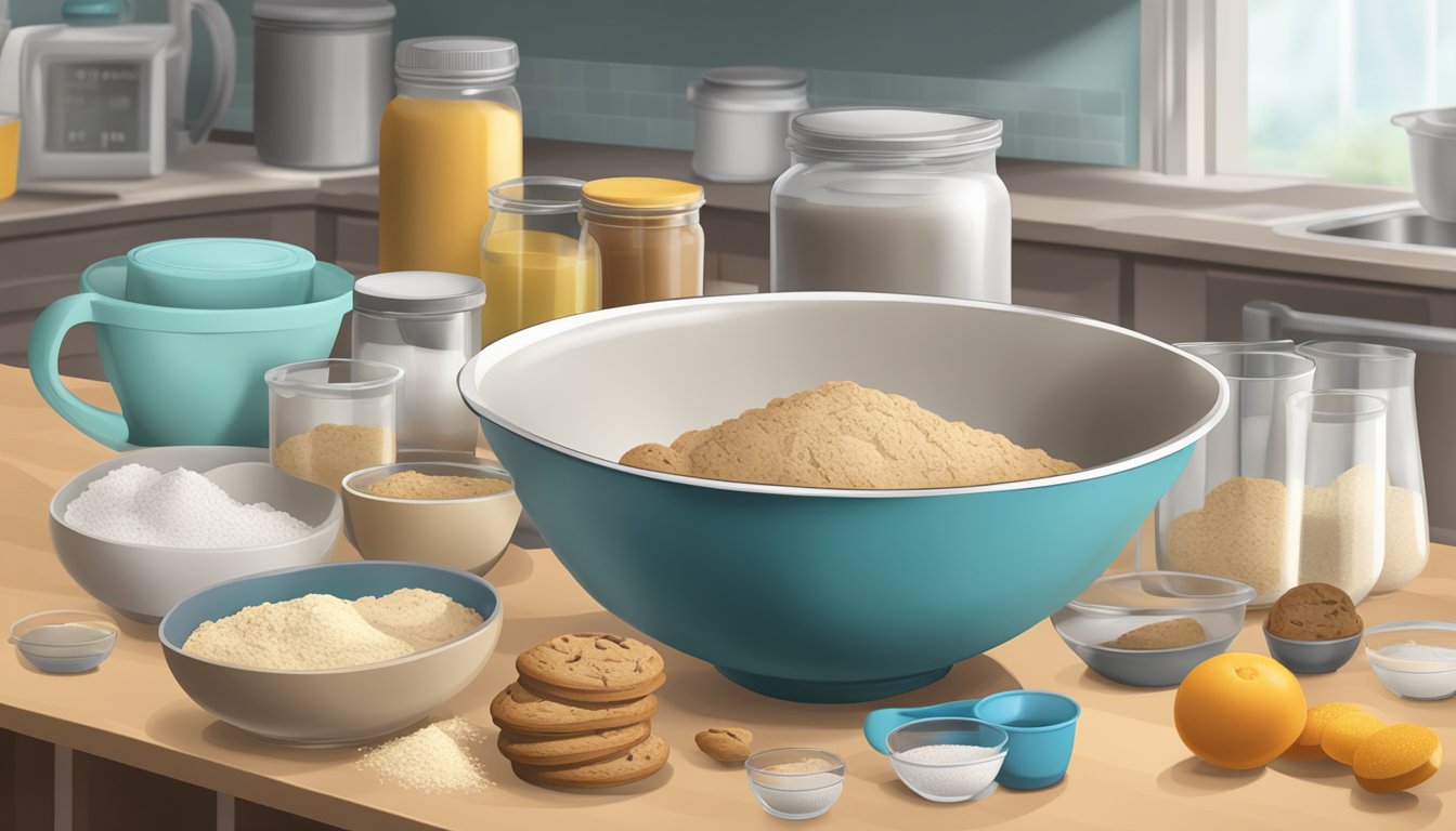 A kitchen counter with a mixing bowl, measuring cups, and ingredients for diabetic cookies