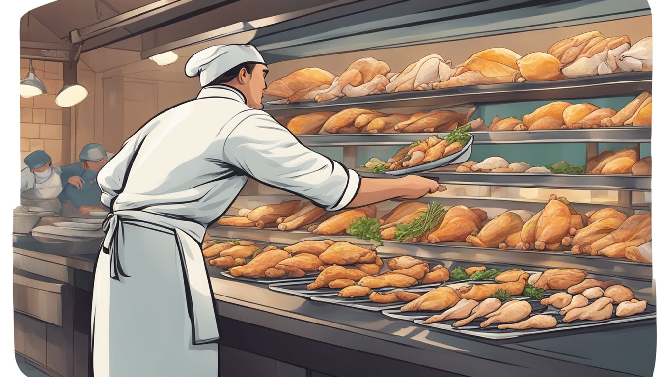 A chef carefully selects a variety of chicken cuts from a display at the market