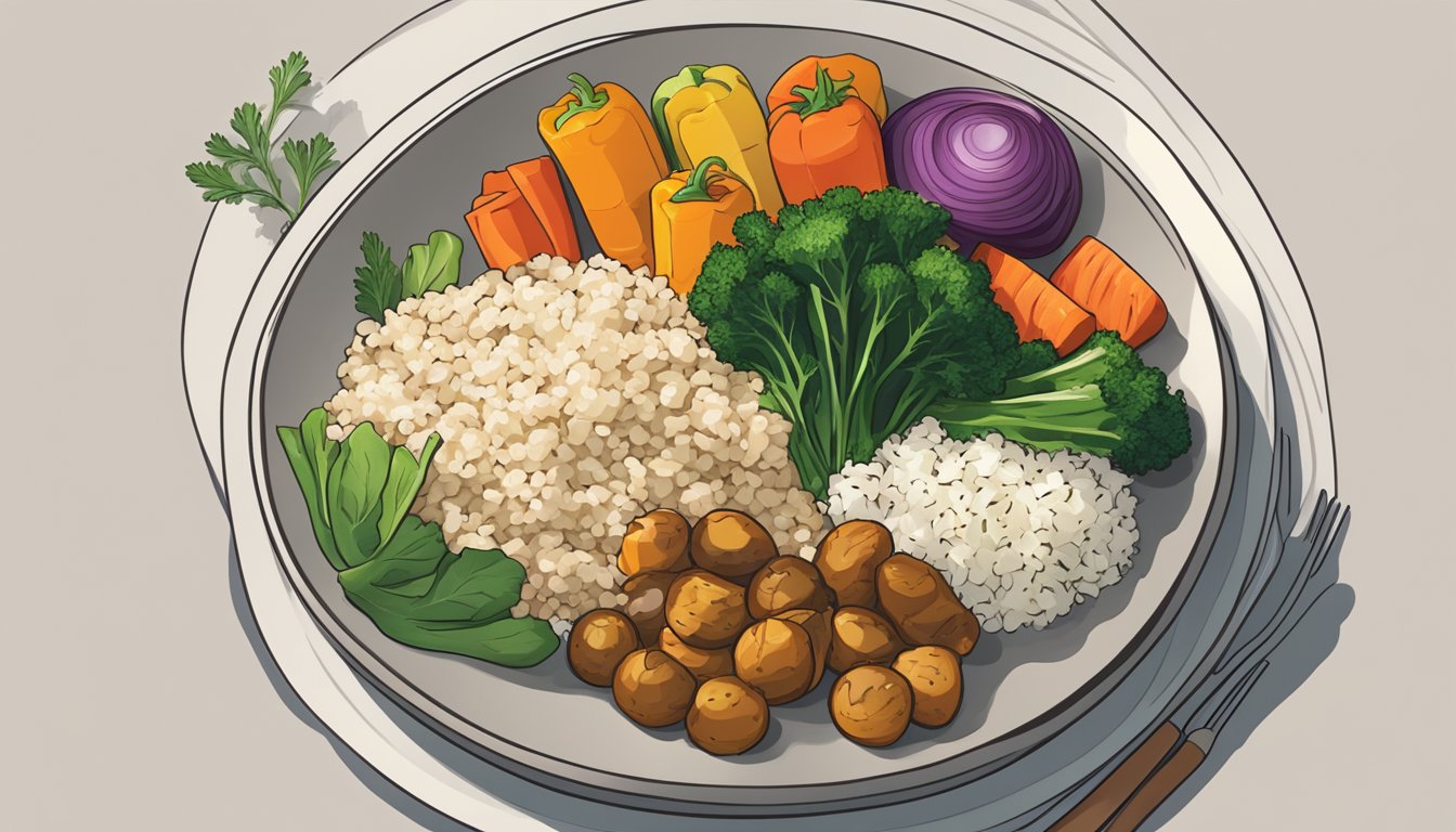 A colorful array of roasted vegetables, steamed greens, and a small portion of whole grain rice arranged neatly on a plate