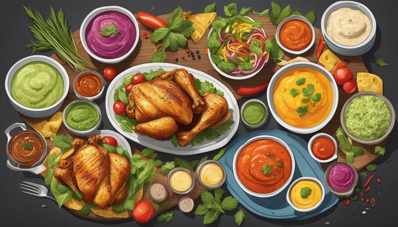 A platter of grilled chicken surrounded by colorful bowls of various dressings, sauces, and salsas, with fresh herbs and spices scattered around