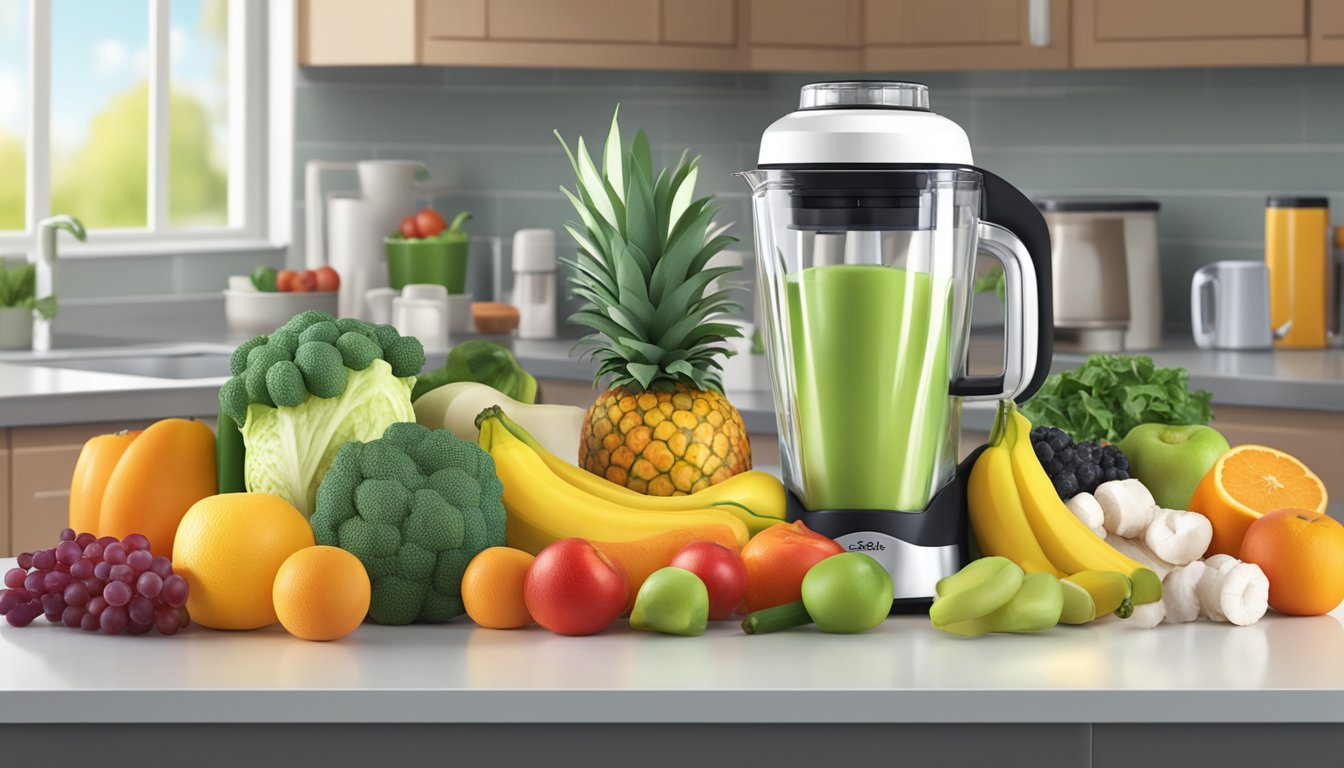 A colorful array of fresh fruits and vegetables, a blender, and a bottle of flavor enhancers labeled "sugar-free" sit on a kitchen counter