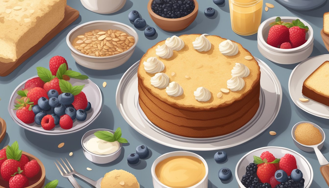 A table set with a freshly baked diabetic-friendly cake surrounded by ingredients like almond flour, stevia, and fresh berries