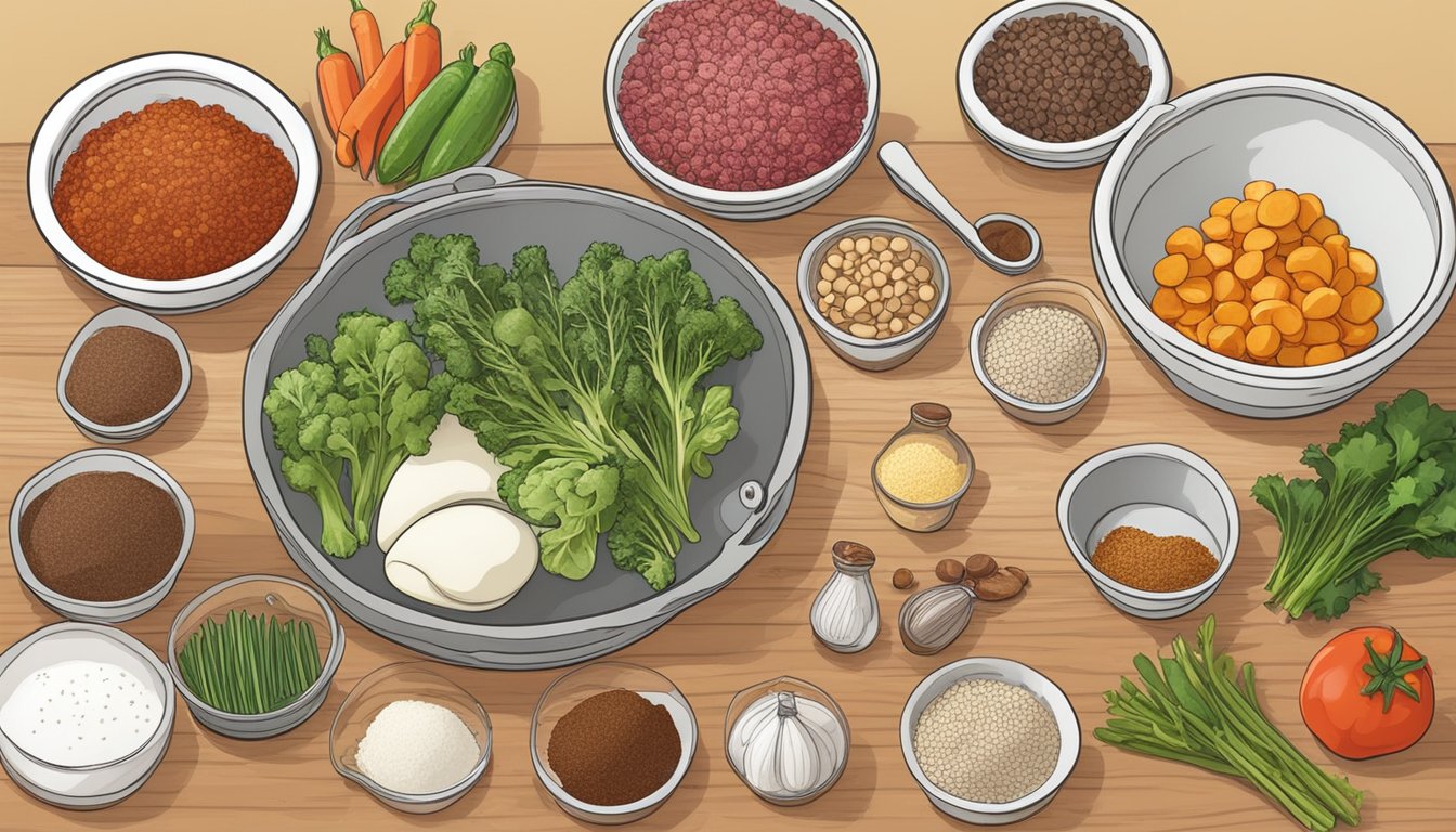 A kitchen counter with ingredients for a diabetic-friendly recipe: ground beef, vegetables, and spices laid out for preparation