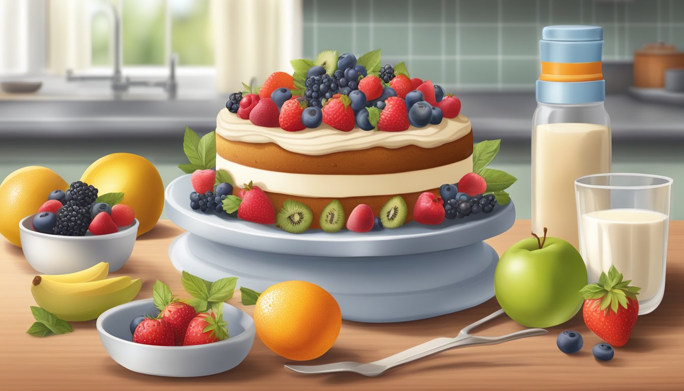 A diabetic recipe cake being prepared with sugar substitutes, whole wheat flour, and fresh fruits as ingredients