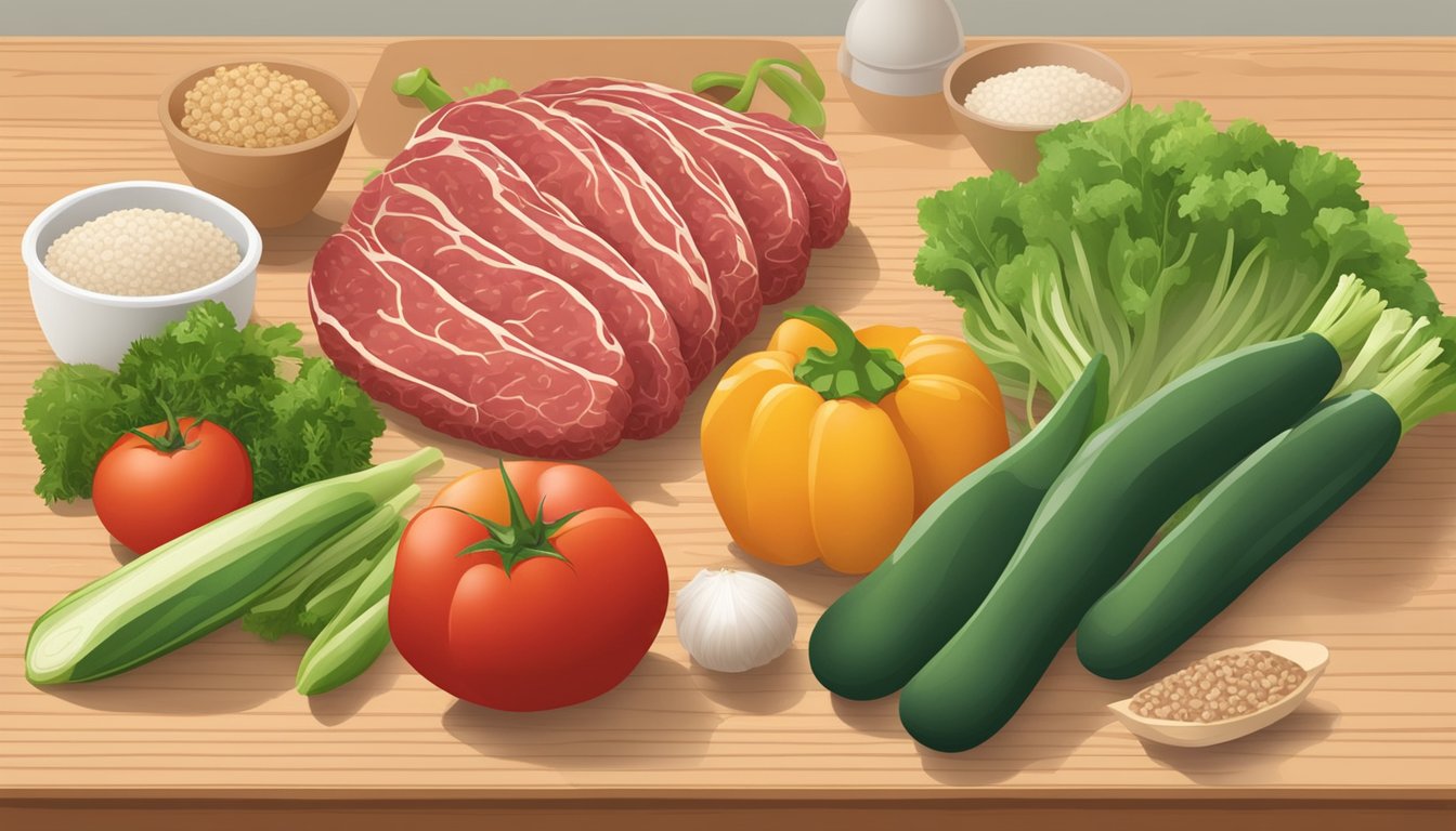 A kitchen counter with fresh vegetables, ground beef, and whole grains