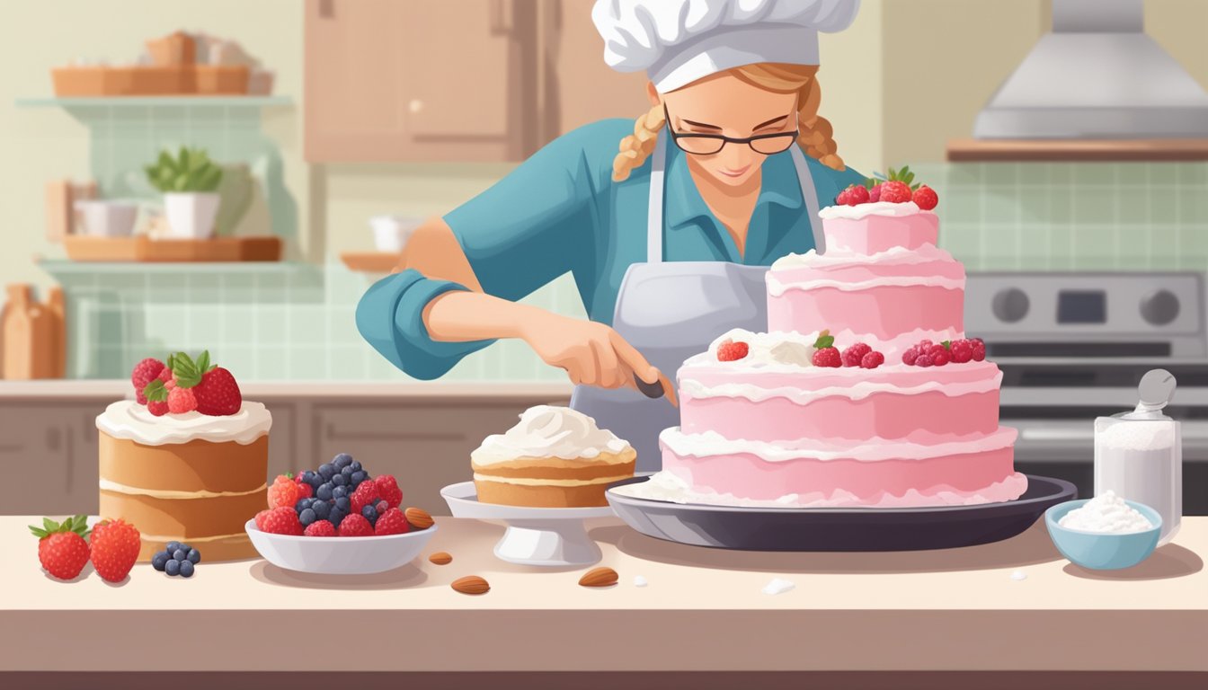 A baker carefully measures out sugar substitutes and almond flour, surrounded by fresh berries and sugar-free frosting, creating a diabetic-friendly cake