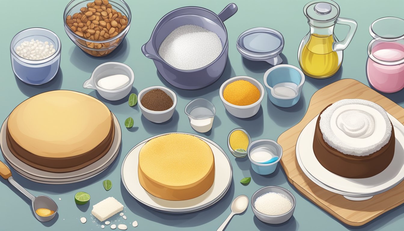 A kitchen counter with ingredients for a diabetic cake recipe, including sugar substitutes and measuring cups