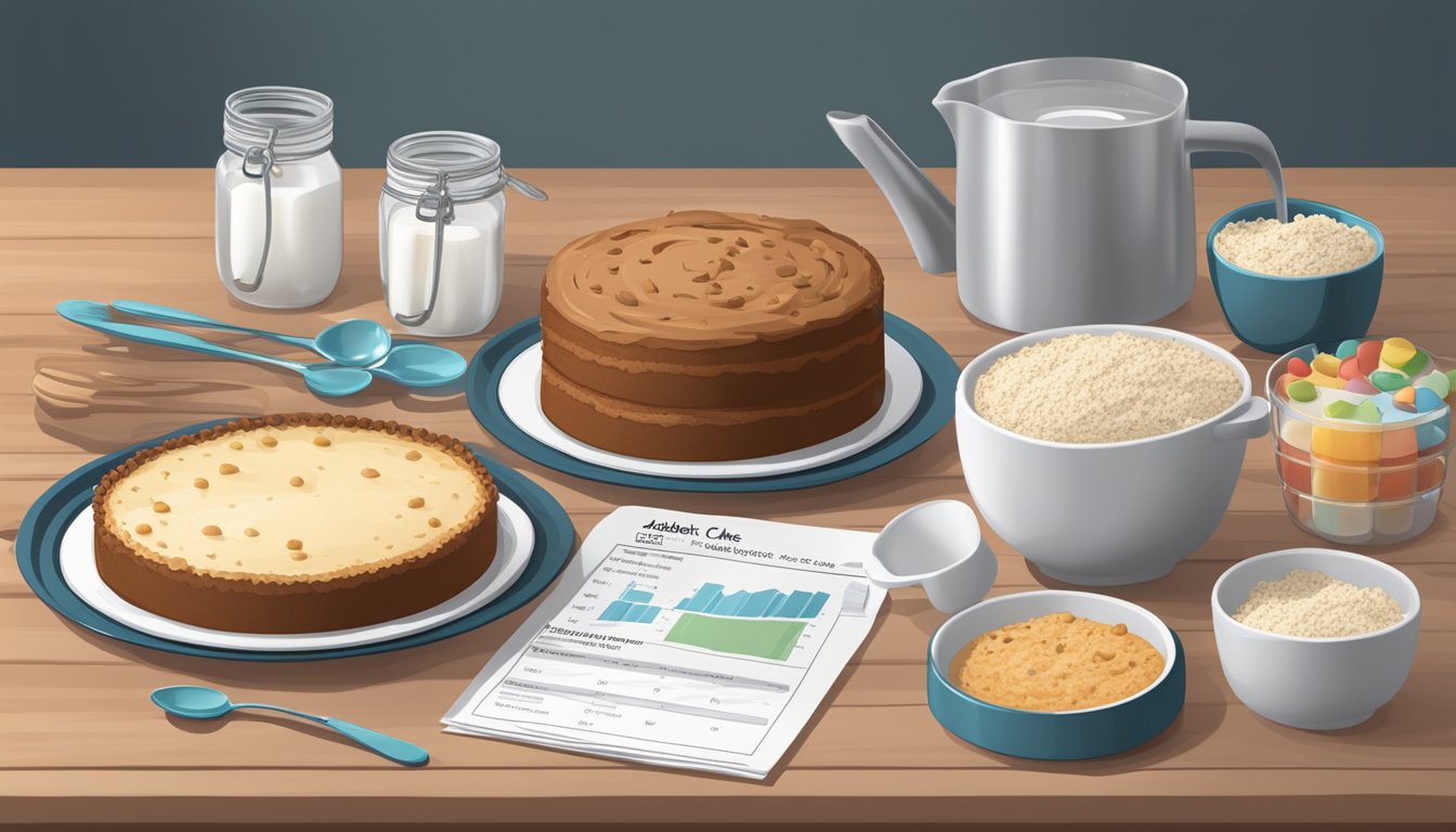 A table set with a freshly baked diabetic recipe cake surrounded by measuring cups and spoons. A nutrition label and serving facts displayed next to the cake